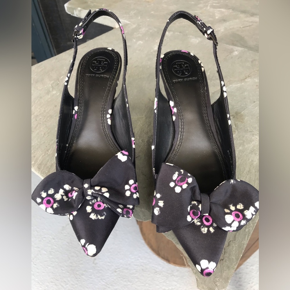 Tory Burch Black Floral Slingback Bow Mules